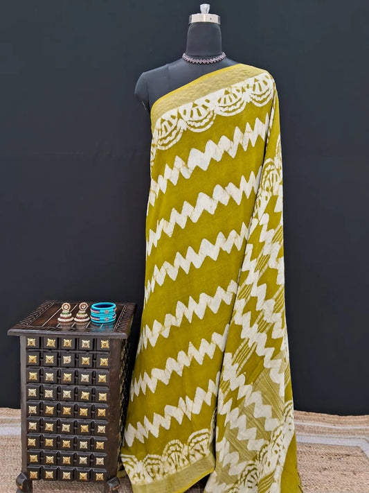 Olive Green Linen Cotton Saree