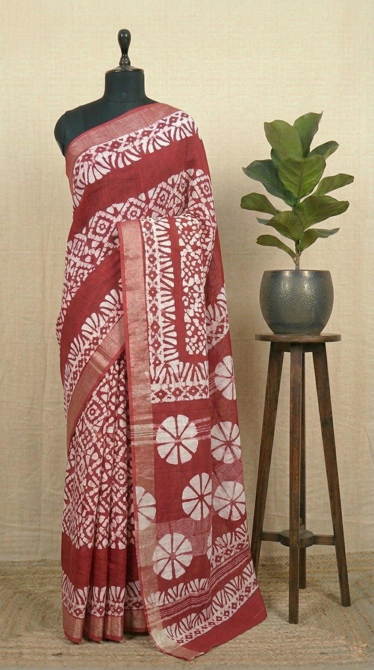 Red Linen Cotton Saree 