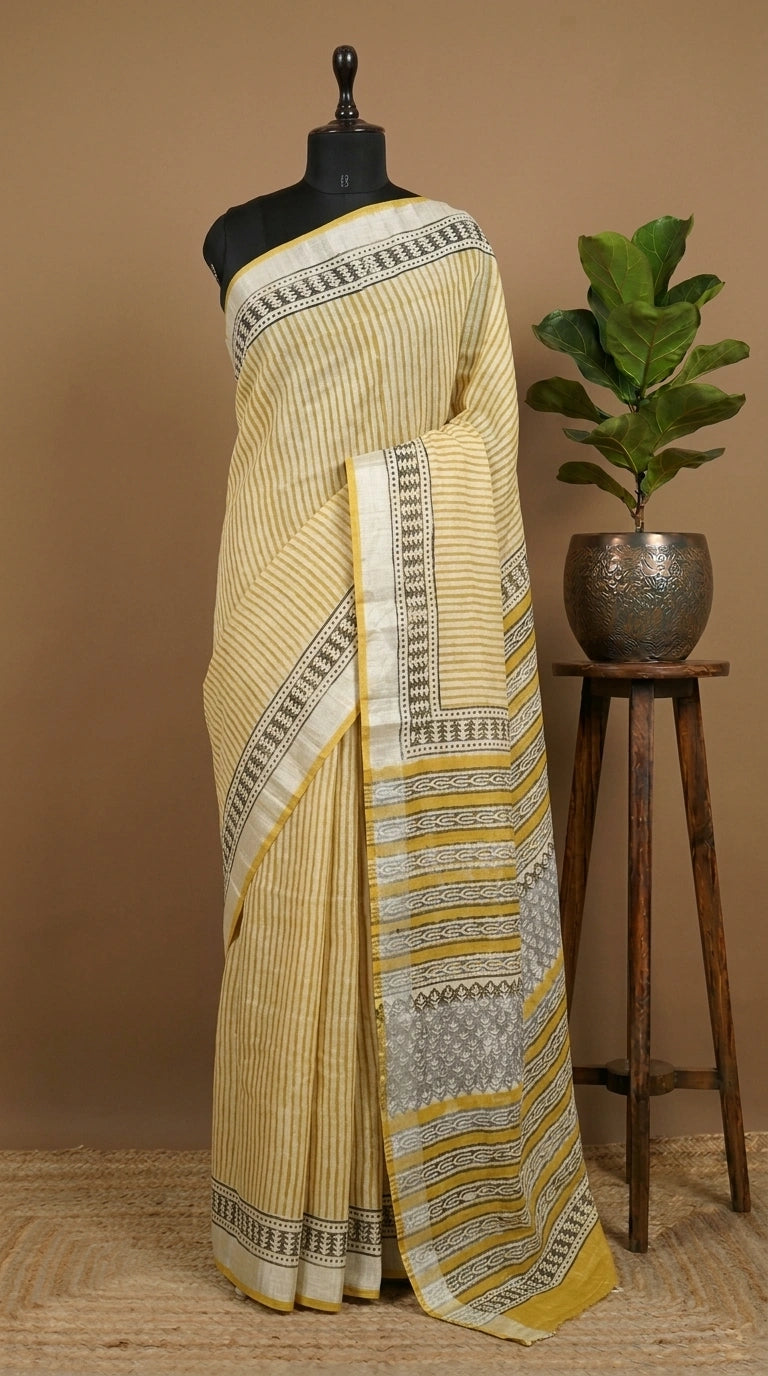 Beige Linen Cotton Saree