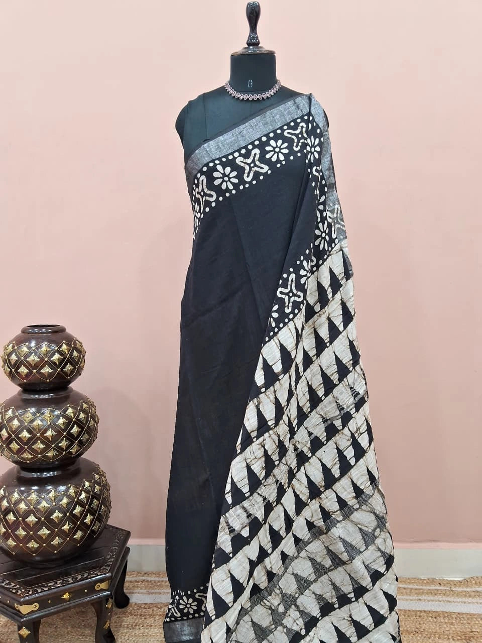 Black linen cotton saree