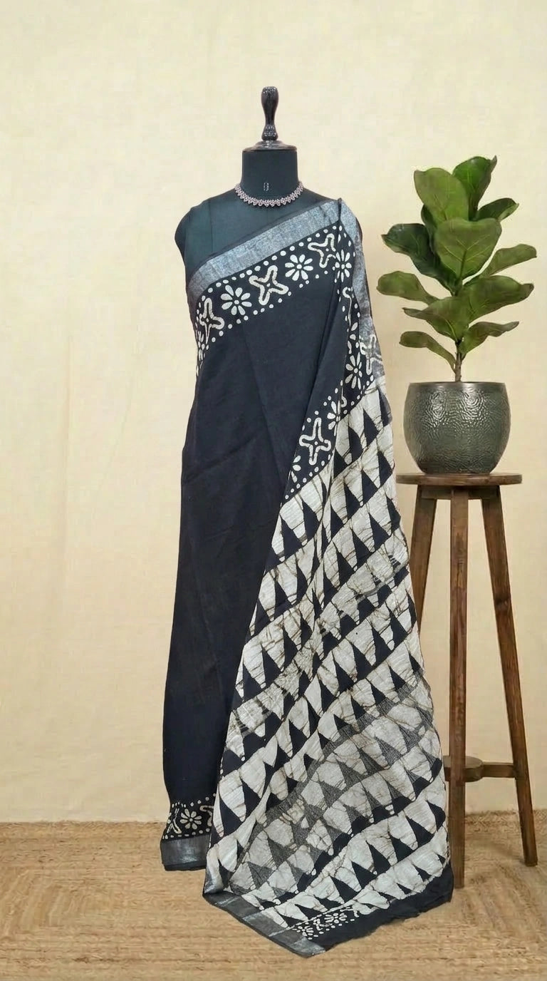 Black linen cotton saree