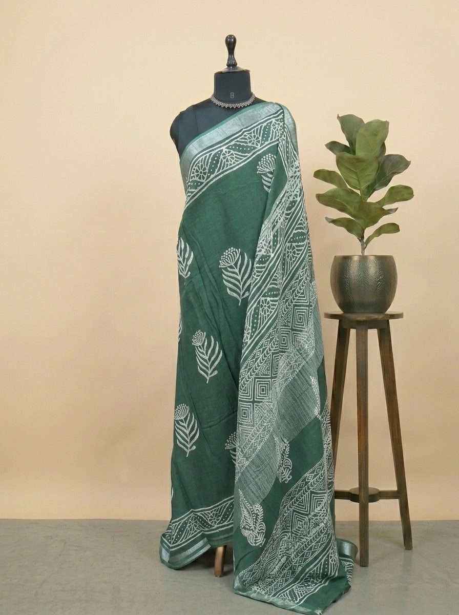 Green linen-cotton saree 