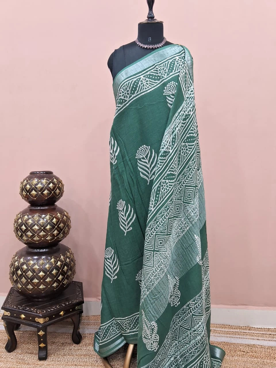 Green linen-cotton saree 