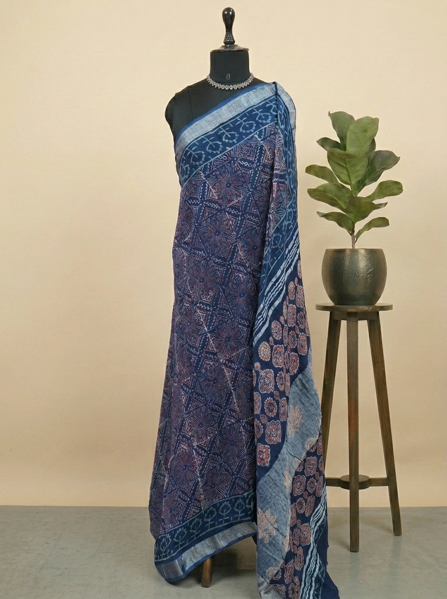 Blue linen-cotton saree