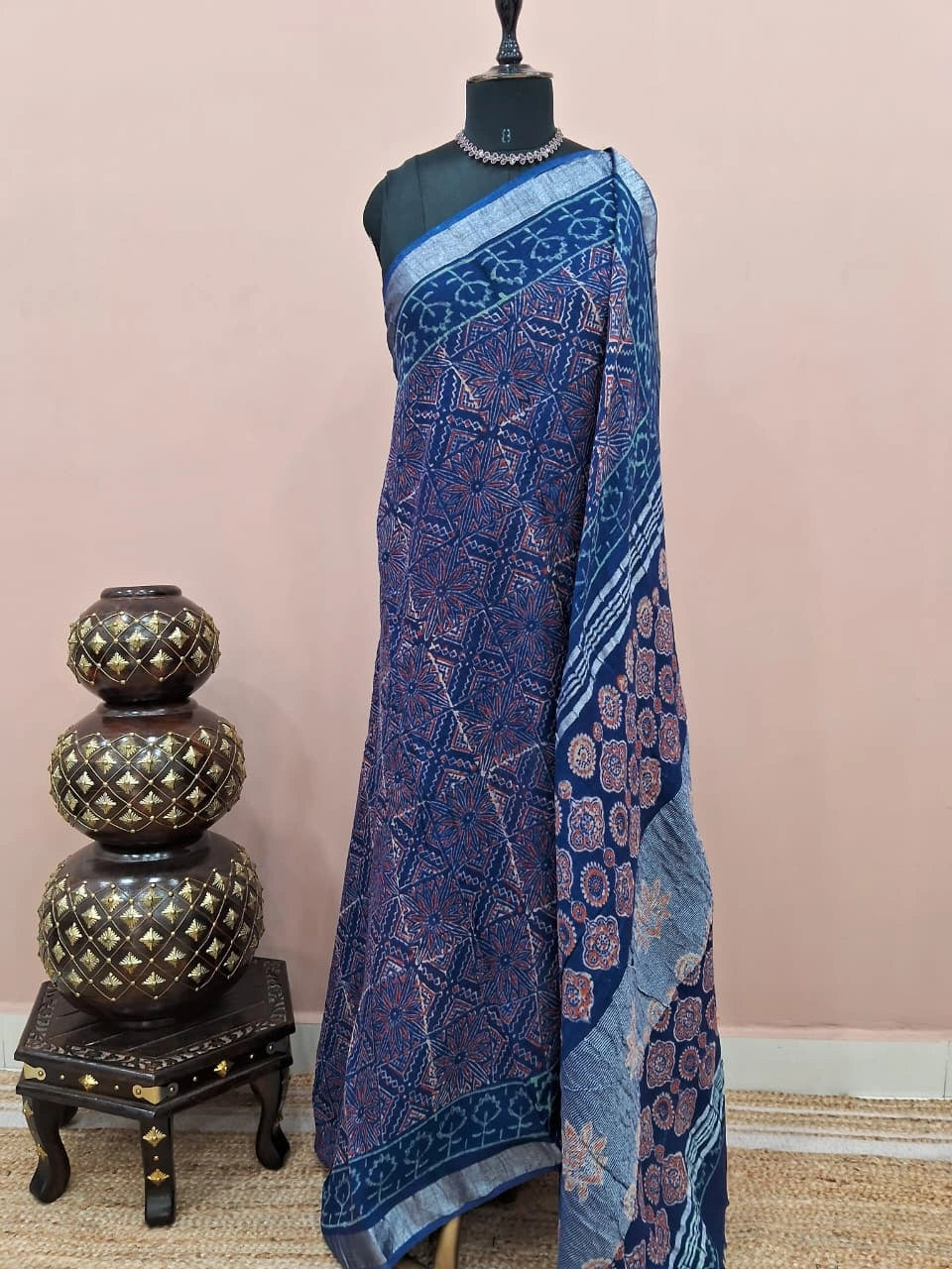 Blue linen-cotton saree