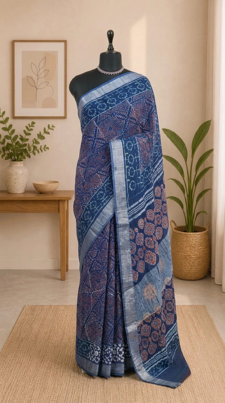 Blue linen-cotton saree