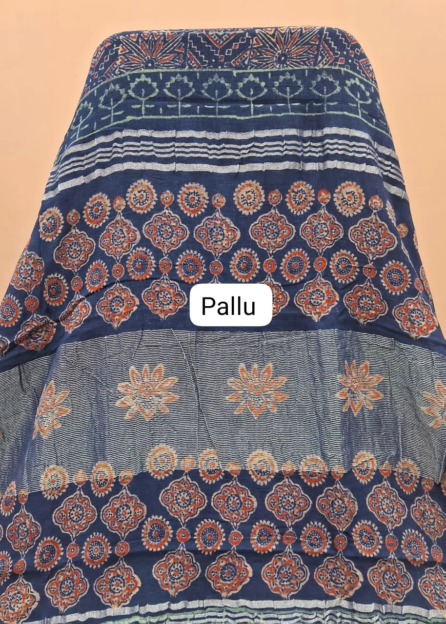 Blue linen-cotton saree pallu
