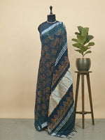 Bottle green linen-cotton saree