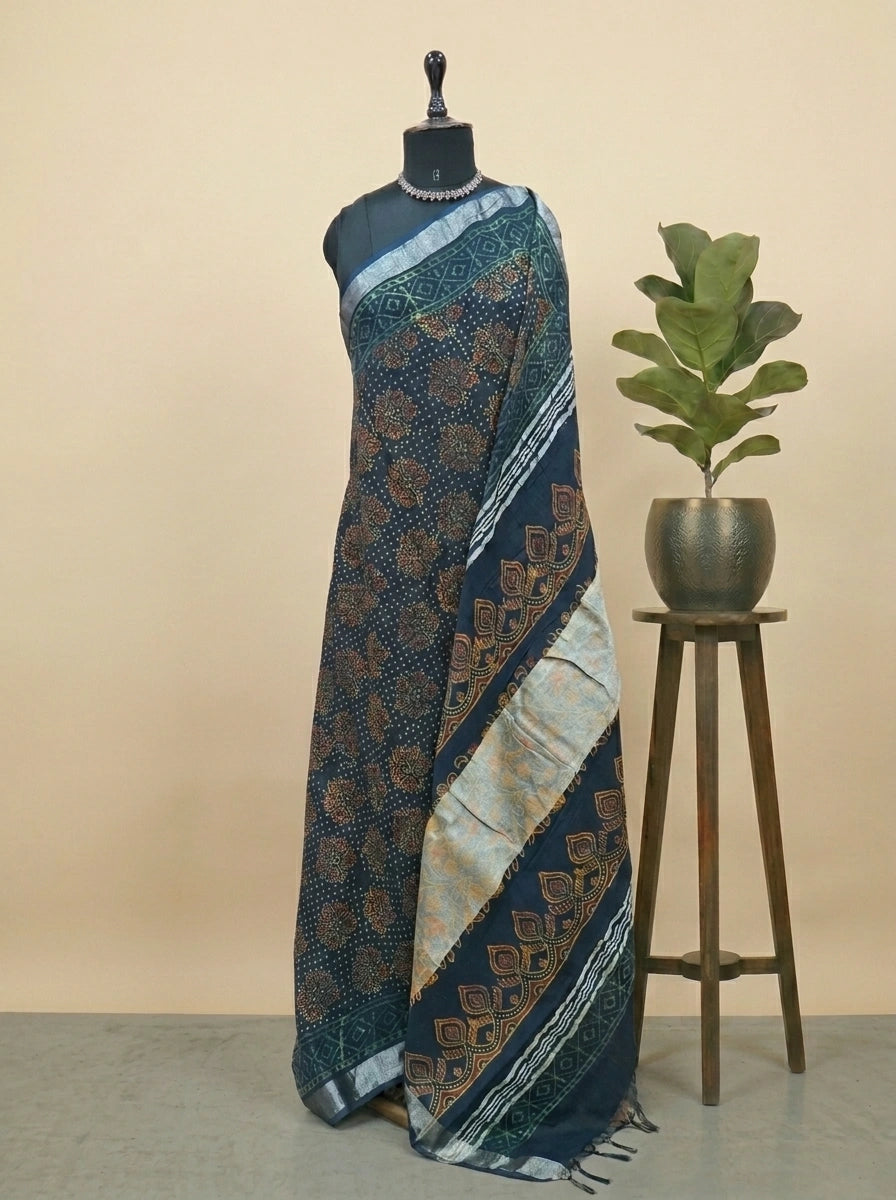 Bottle green linen-cotton saree