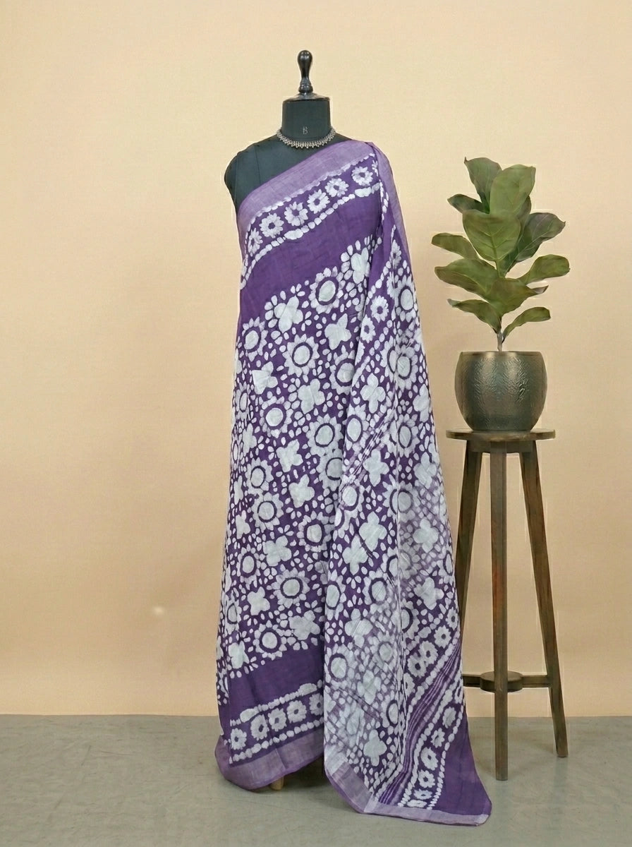 Purple linen-cotton saree