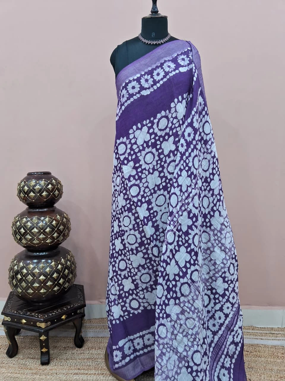 Purple linen-cotton saree