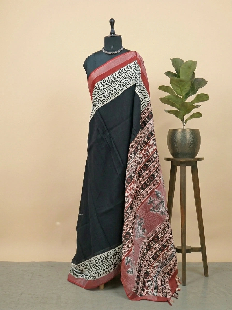 Black linen plain cotton saree 