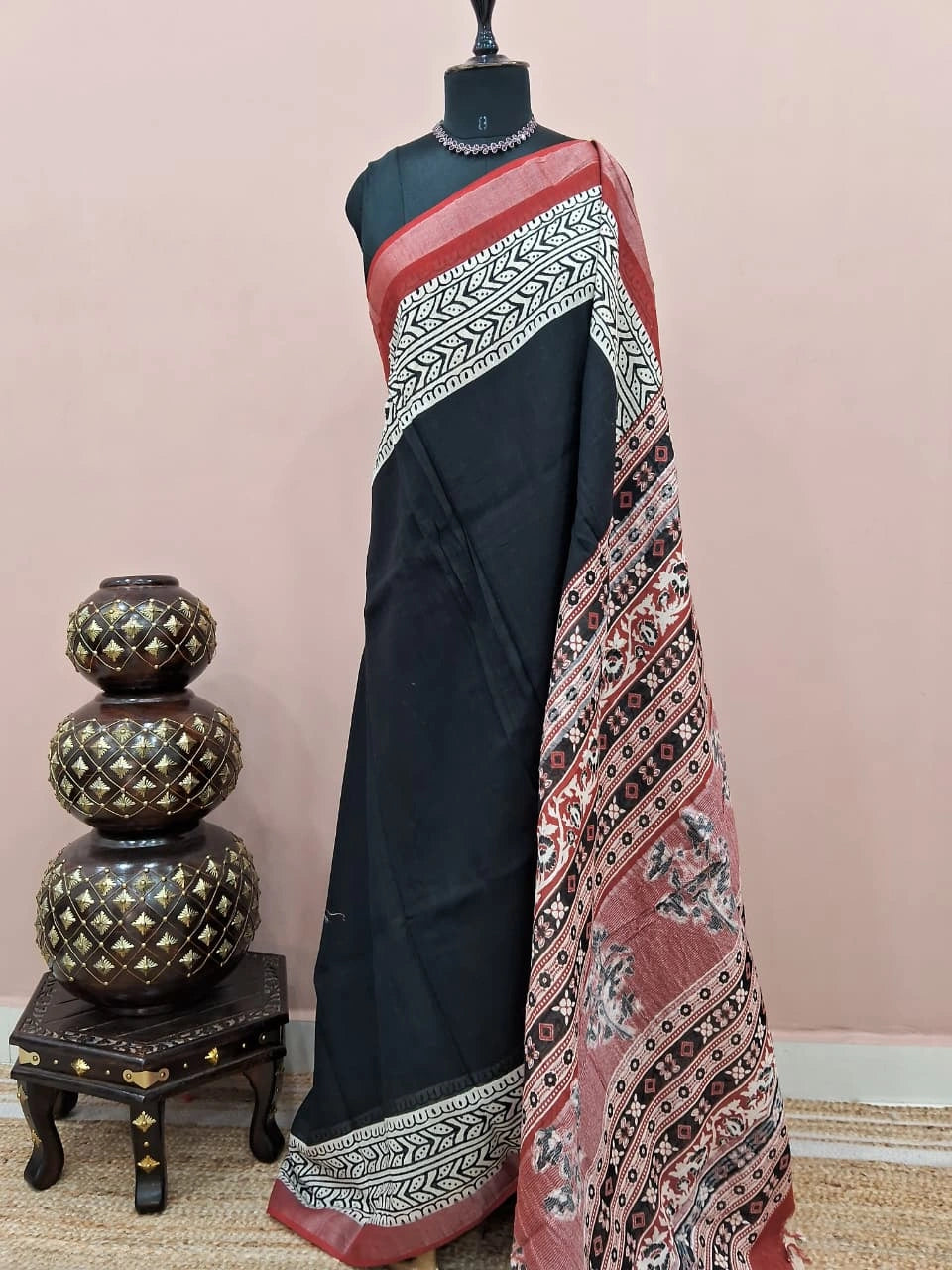 Black linen plain cotton saree 