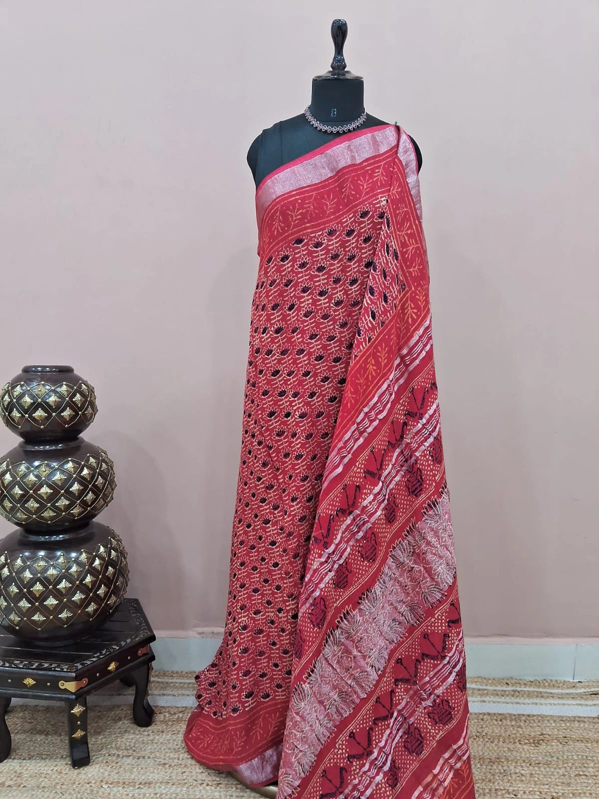 Red Linen Cotton Saree
