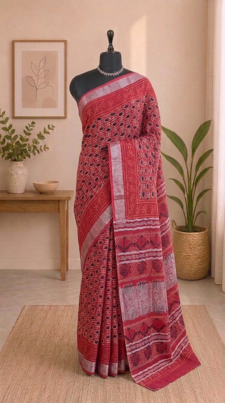 Red Linen Cotton Saree