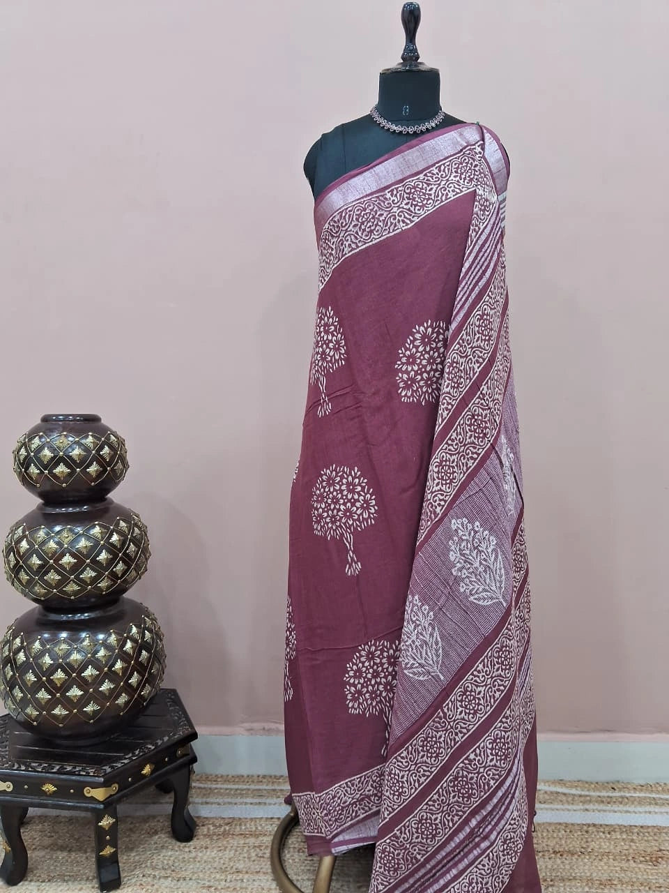 Dark Onion Pink Linen Cotton Saree