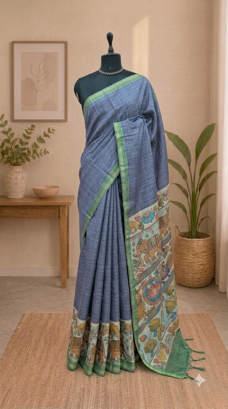 Slate Blue Linen Saree