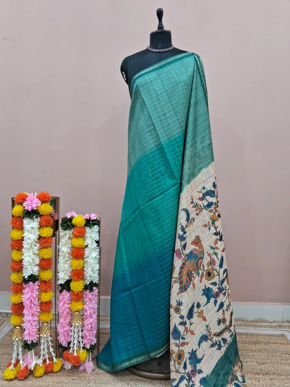 Peacock Green and Blue Linen Saree