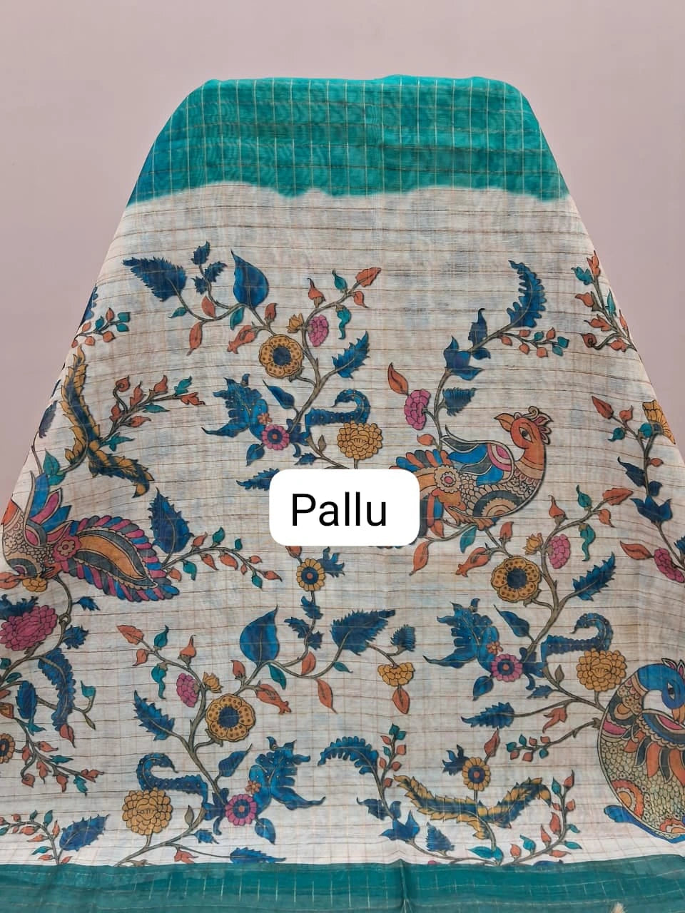 Peacock Green and Blue Linen Saree Pallu