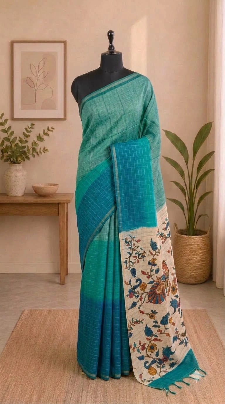 Peacock Green and Blue Linen Saree