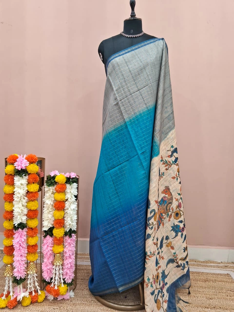 Blue and Grey Linen Saree