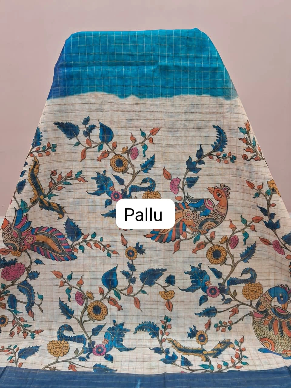 Blue and Grey Linen Saree Pallu