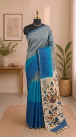Blue and Grey Linen Saree