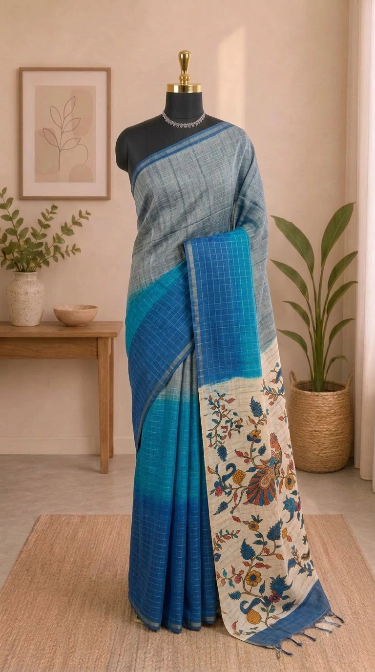 Blue and Grey Linen Saree