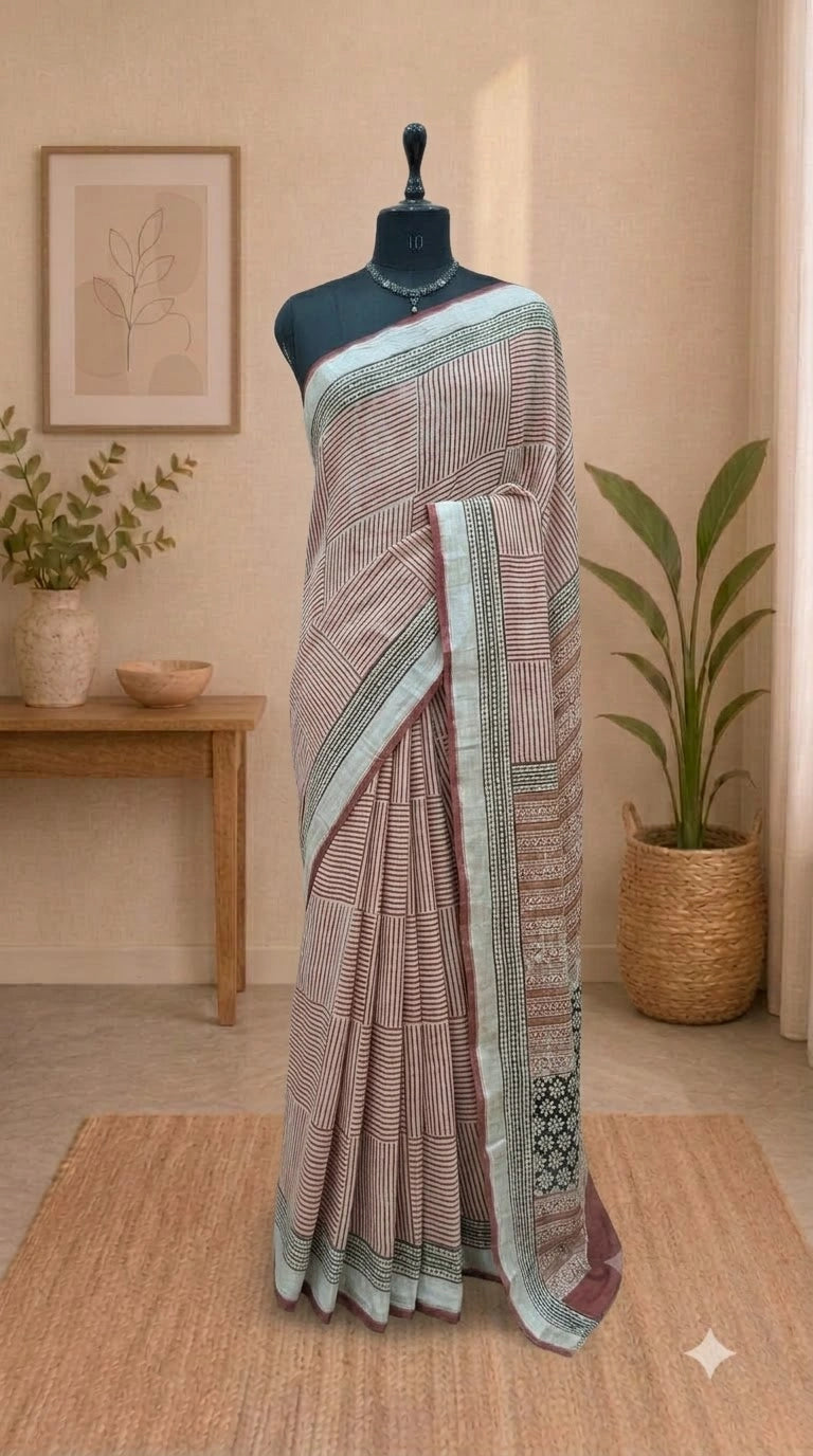 Off-White Linen Cotton Saree 