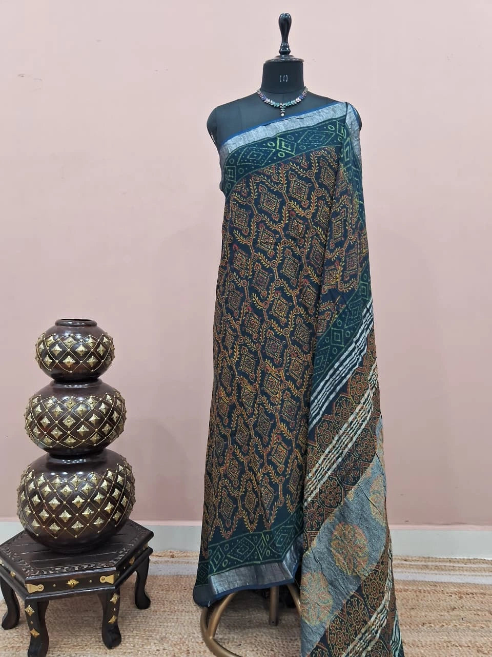 Navy Blue Linen Cotton Saree 