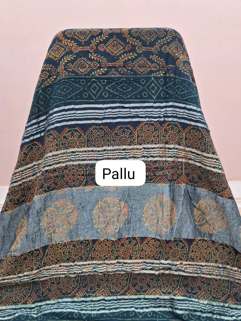 Navy Blue Linen Cotton Saree pallu