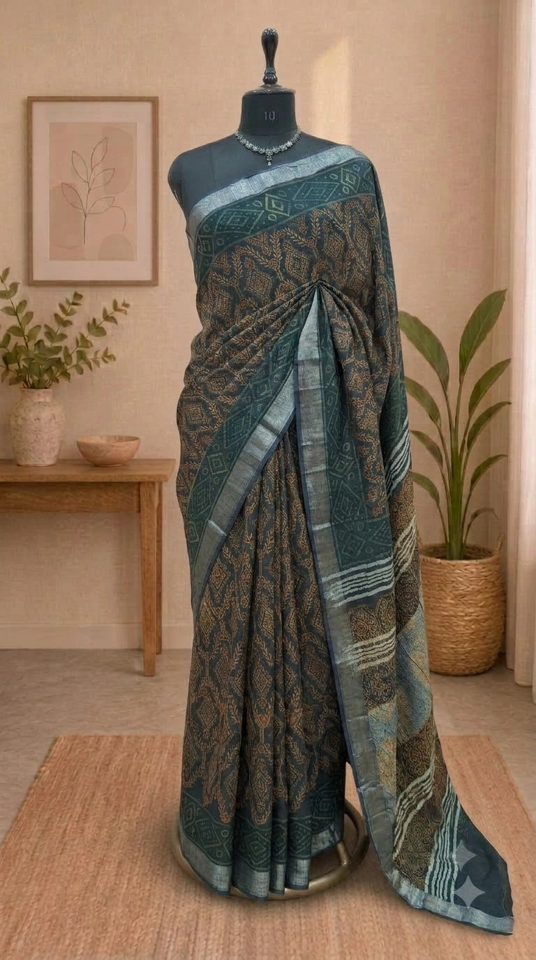 Navy Blue Linen Cotton Saree 