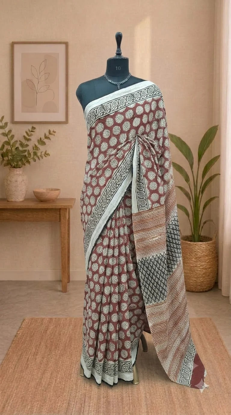 Brick Red Linen Cotton Saree 
