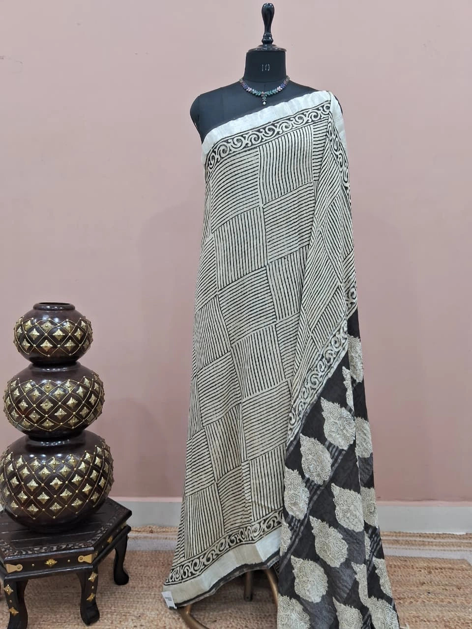 Black and Off-White Linen Cotton Saree 