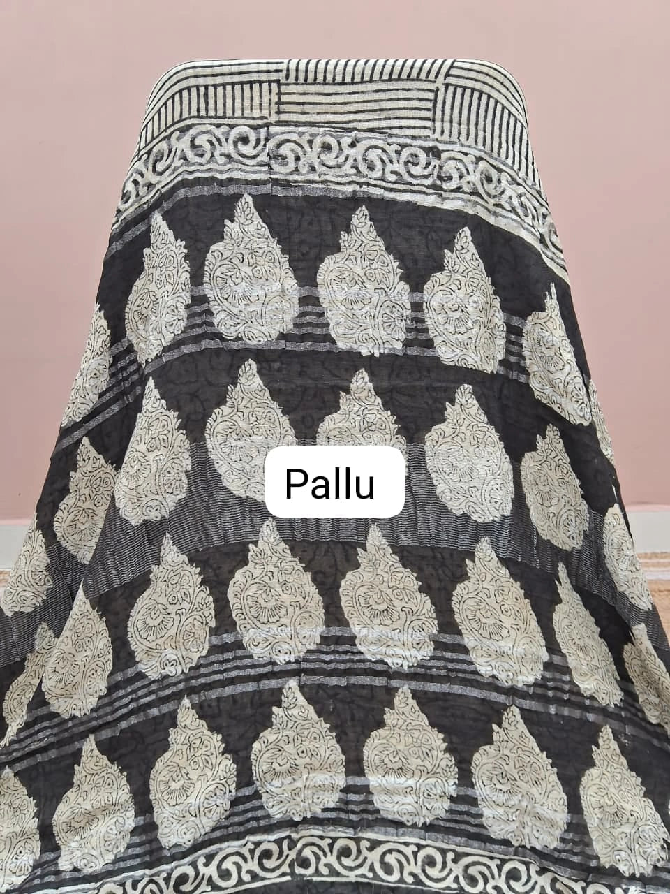 Black and Off-White Linen Cotton Saree pallu