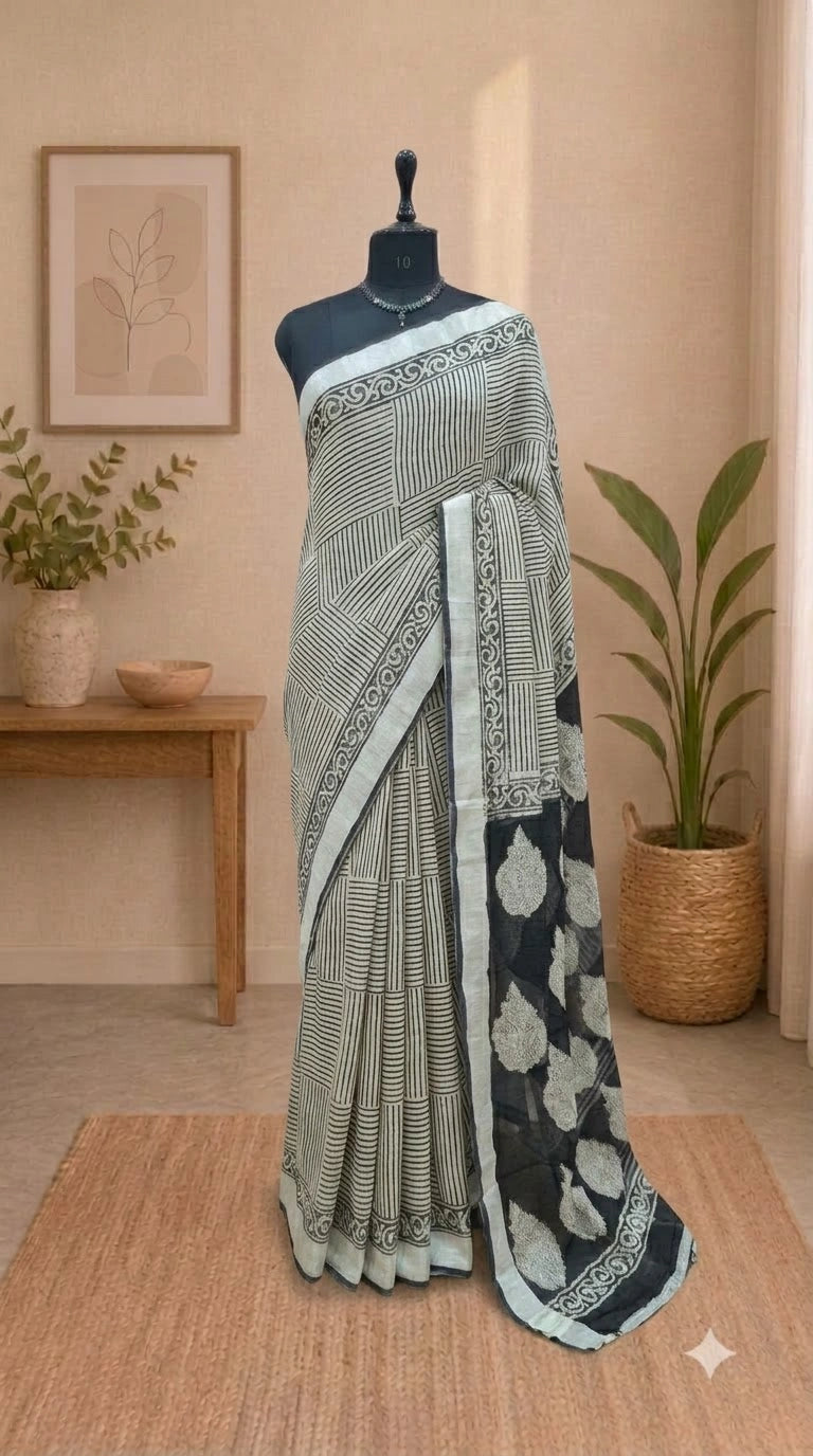 Black and Off-White Linen Cotton Saree 