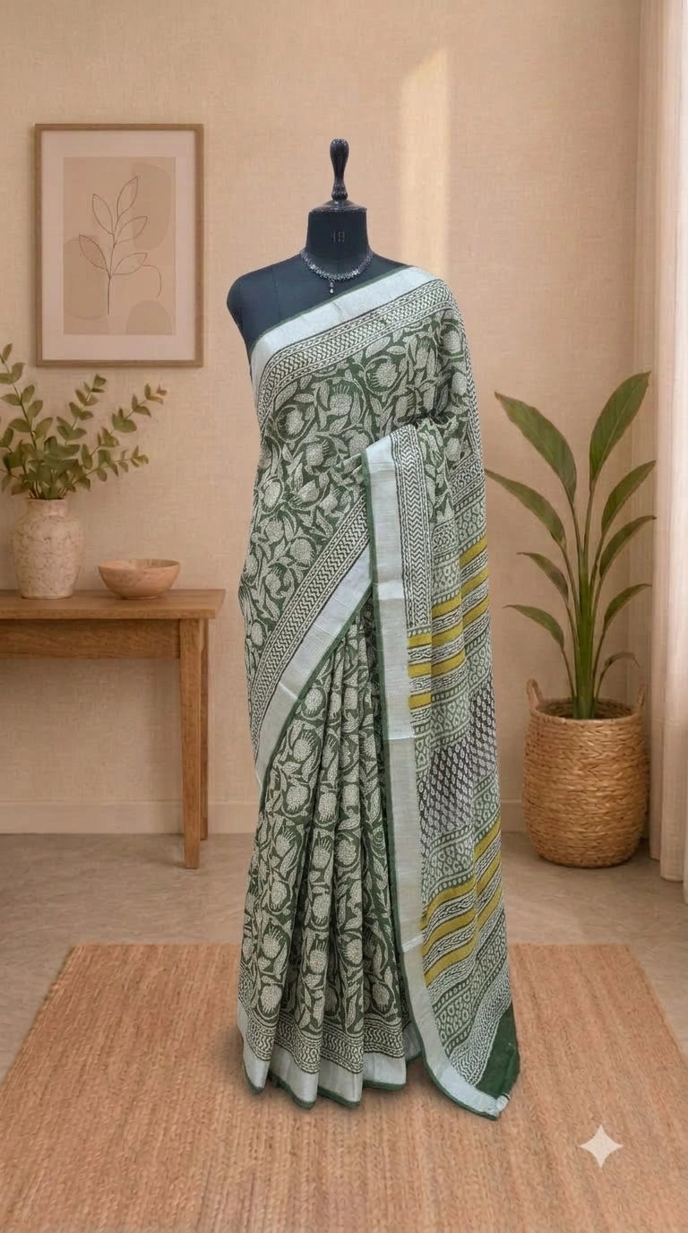 Green Linen Cotton Saree 