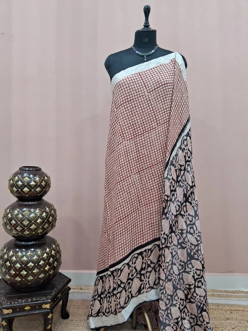 Rust Red and Off-White Linen Cotton Saree 