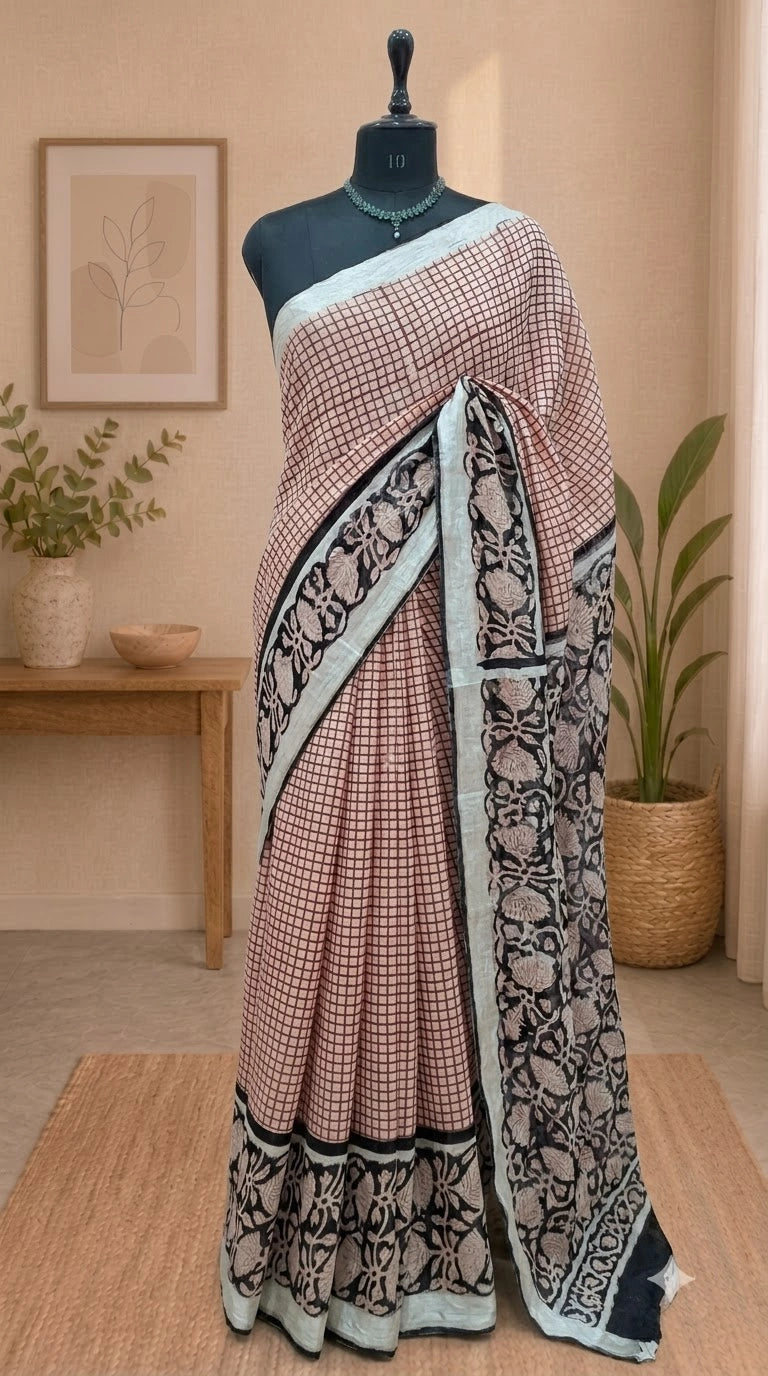 Rust Red and Off-White Linen Cotton Saree 