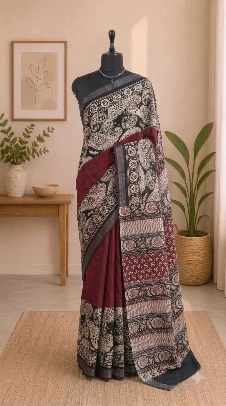 Plain Maroon Linen Cotton Saree 