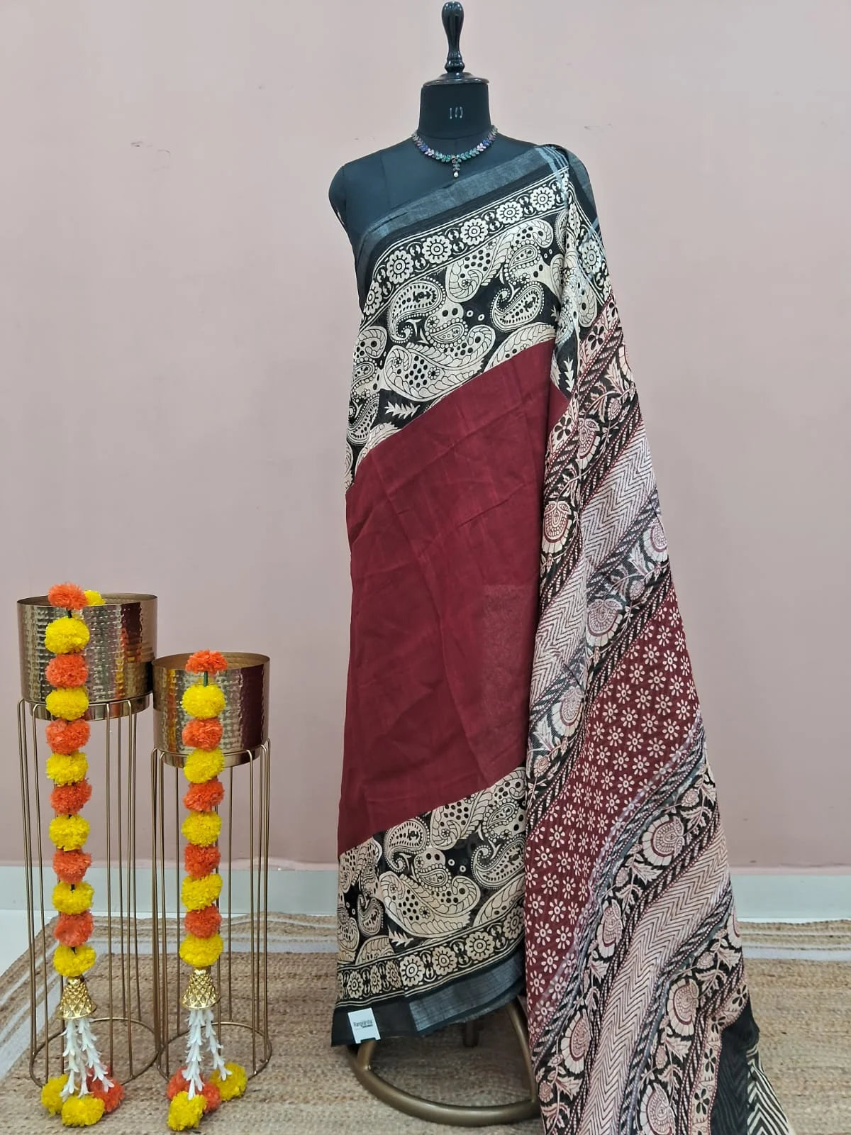 Plain Maroon Linen Cotton Saree 