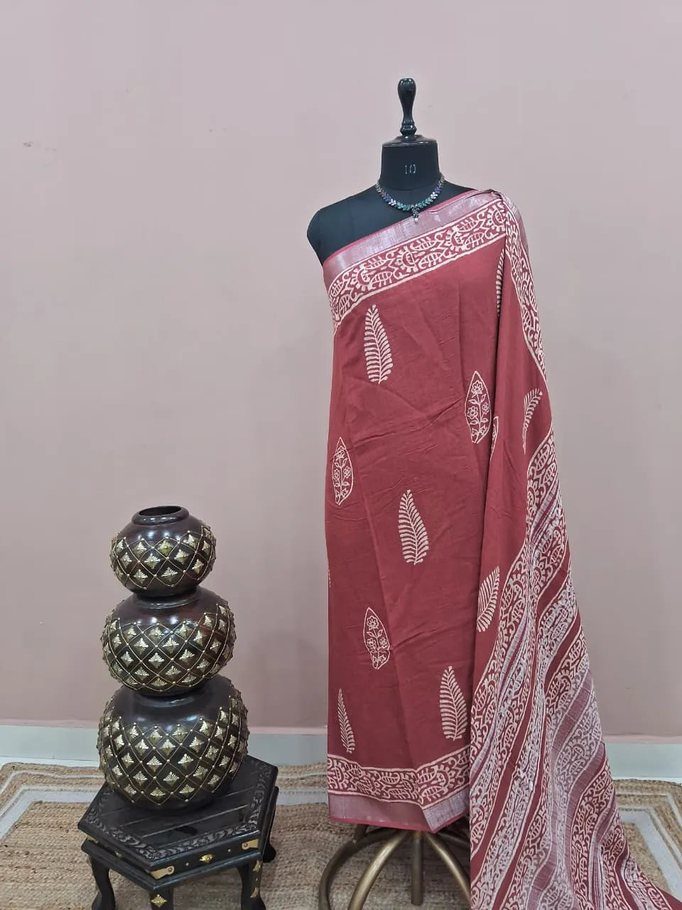 Rust Orange Linen Cotton Saree