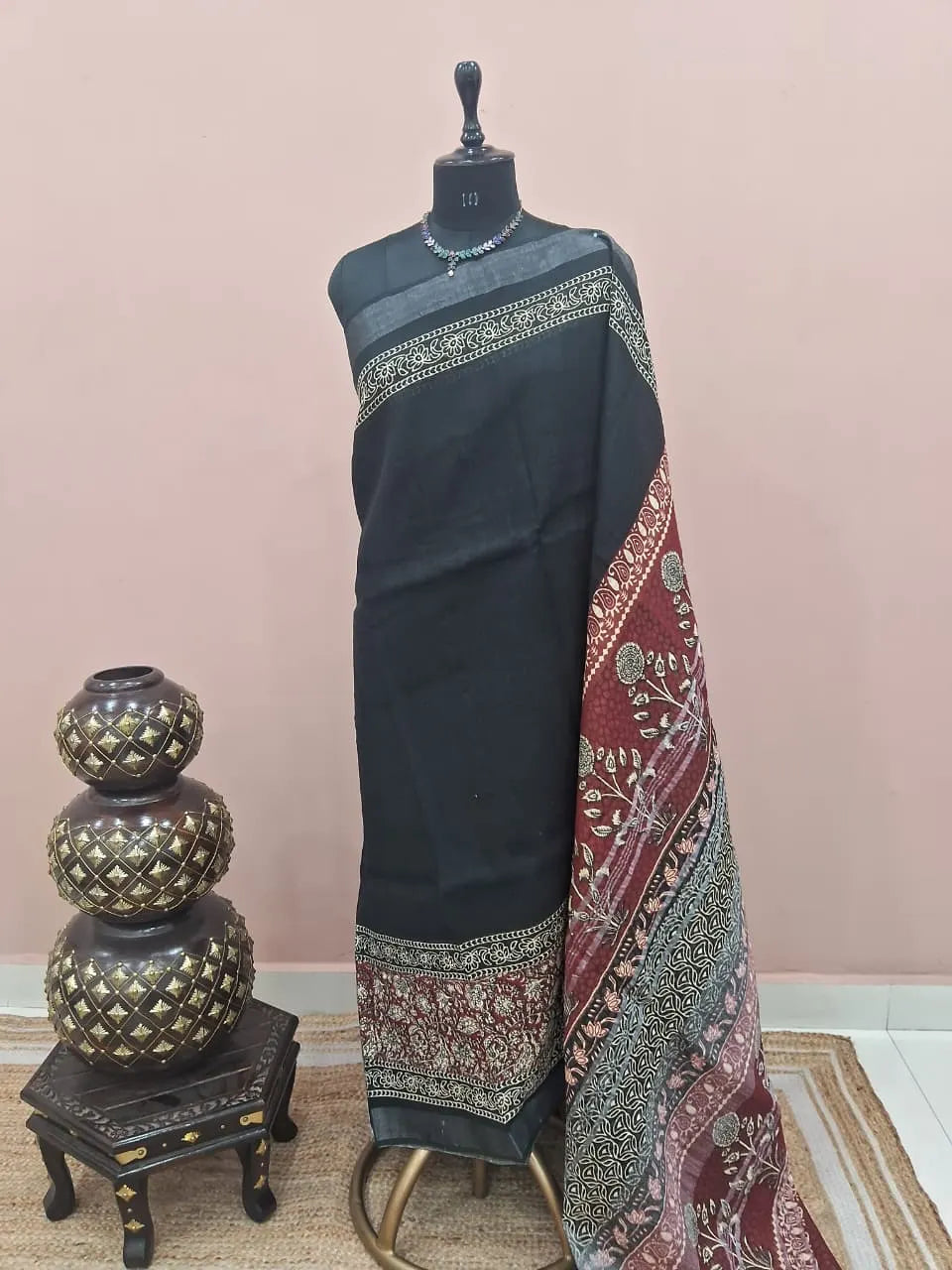 Pure Black Linen Cotton Saree 