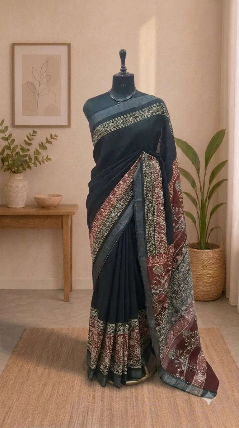 Pure Black Linen Cotton Saree 