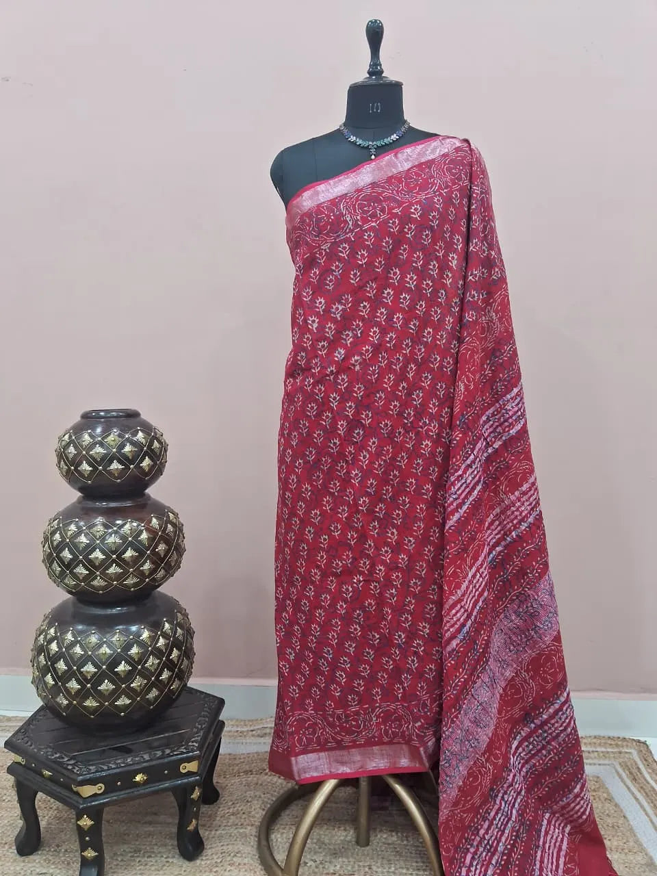 Fire Red Linen Cotton Saree