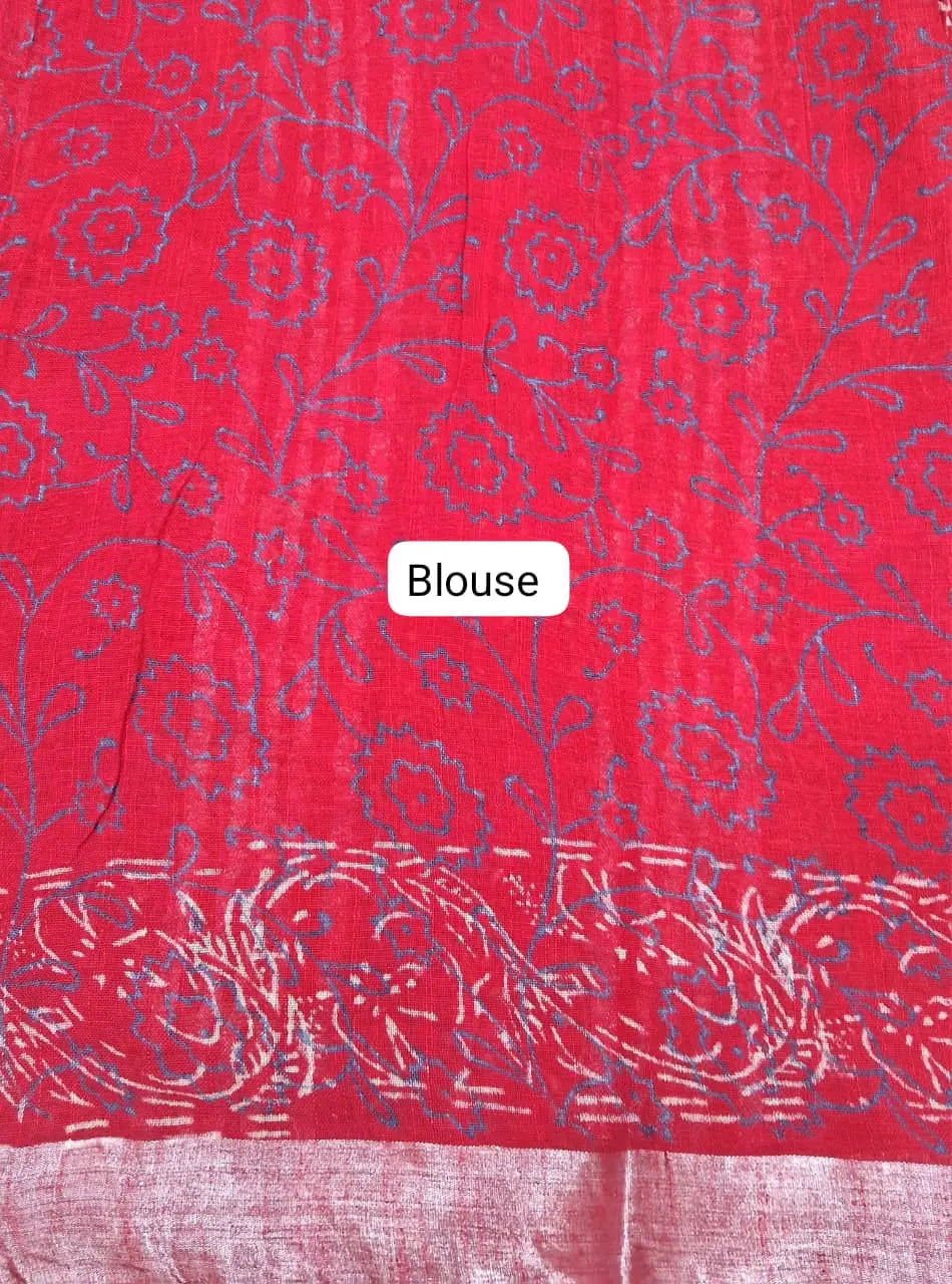 Fire Red Linen Cotton Saree Blouse