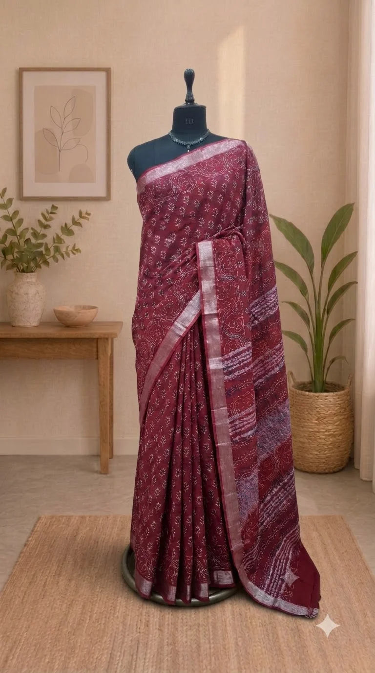 Fire Red Linen Cotton Saree