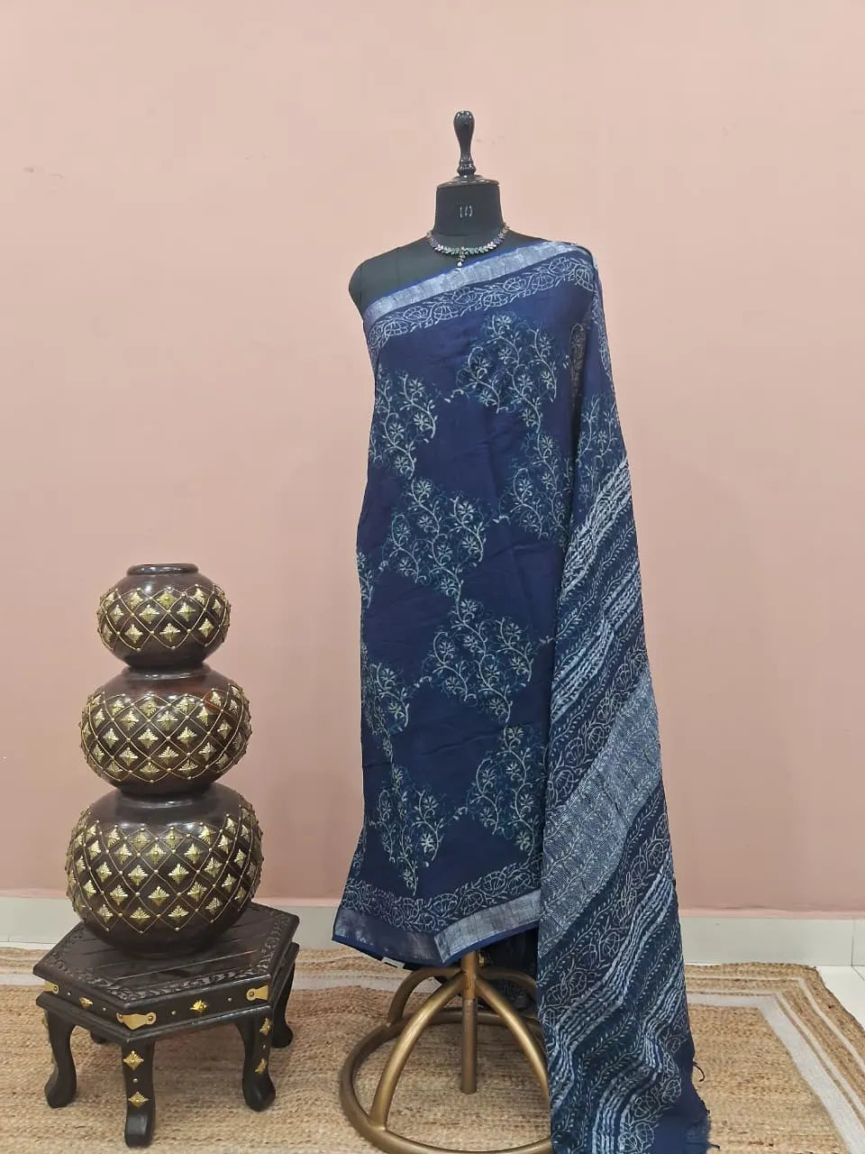 Blue Linen Cotton Saree 