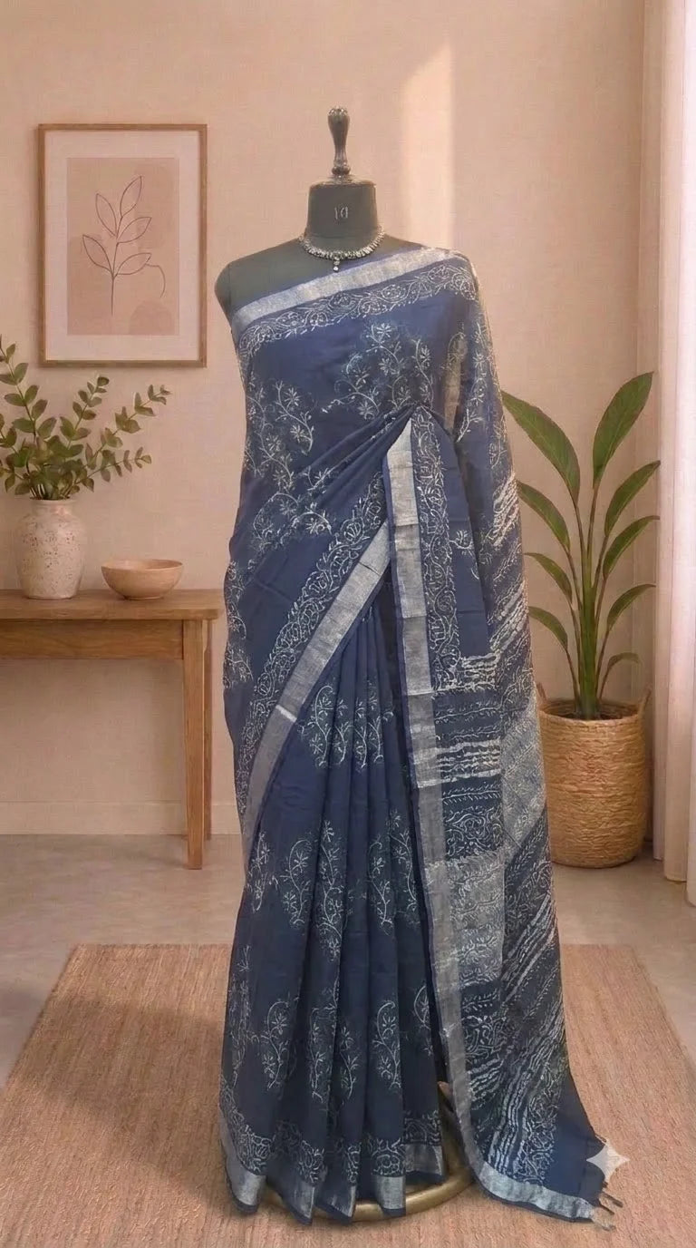 Blue Linen Cotton Saree 