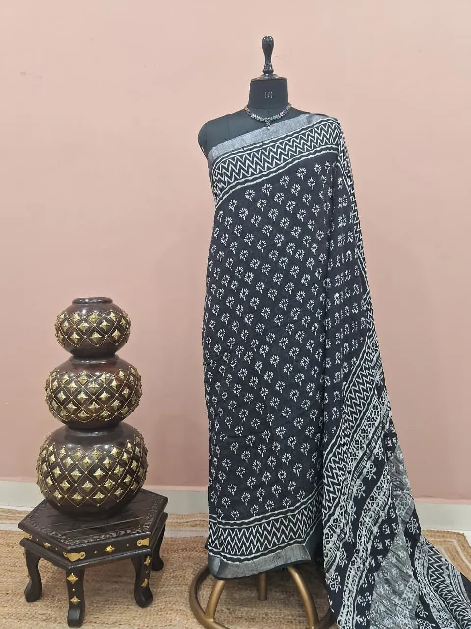 Black Pure Linen Cotton Saree